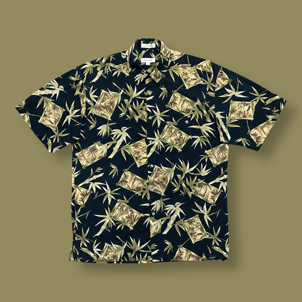 Vintage Hawaiian Shirt Floral Bamboo Aloha Button Down 90s y2k Cotton Black